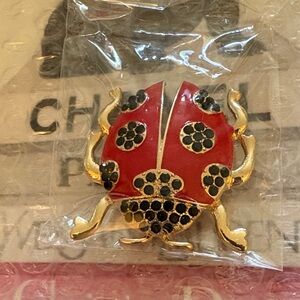 Gold Red Ladybug Brooch with Black Crystal Spots